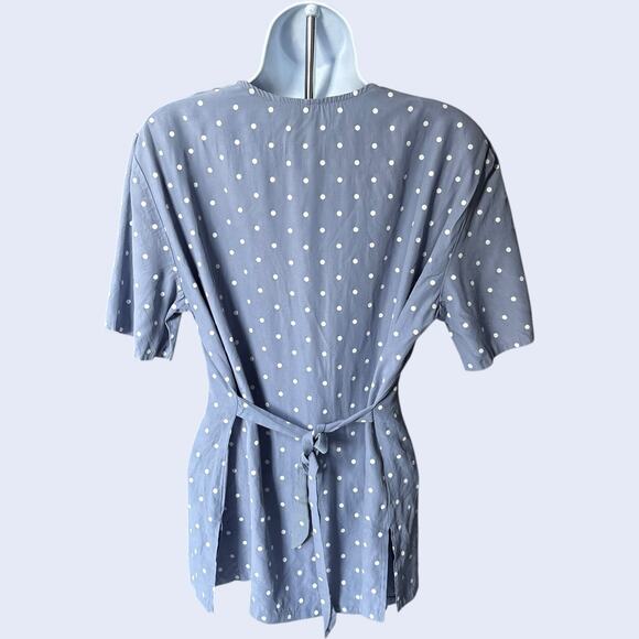 Cristin Stevens Polka Dot Button Front Blouse Blue Tie-Back V-Neck 80s M - Picture 2 of 4